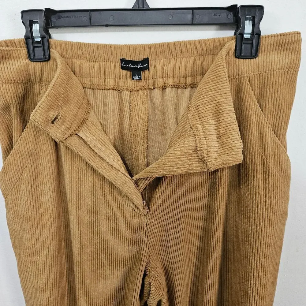 Hunter & Brown Tan Corduroy High Rise Pants Pockets Elastic Waist Size Large - Picture 3 of 6